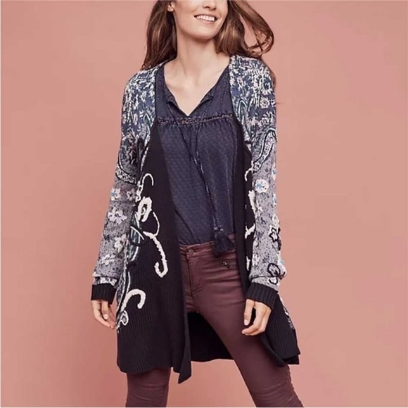 Anthropologie HWR | Monogram Emmia Hand-Stitched Embroidered Cardigan Sweater M - Picture 1 of 17